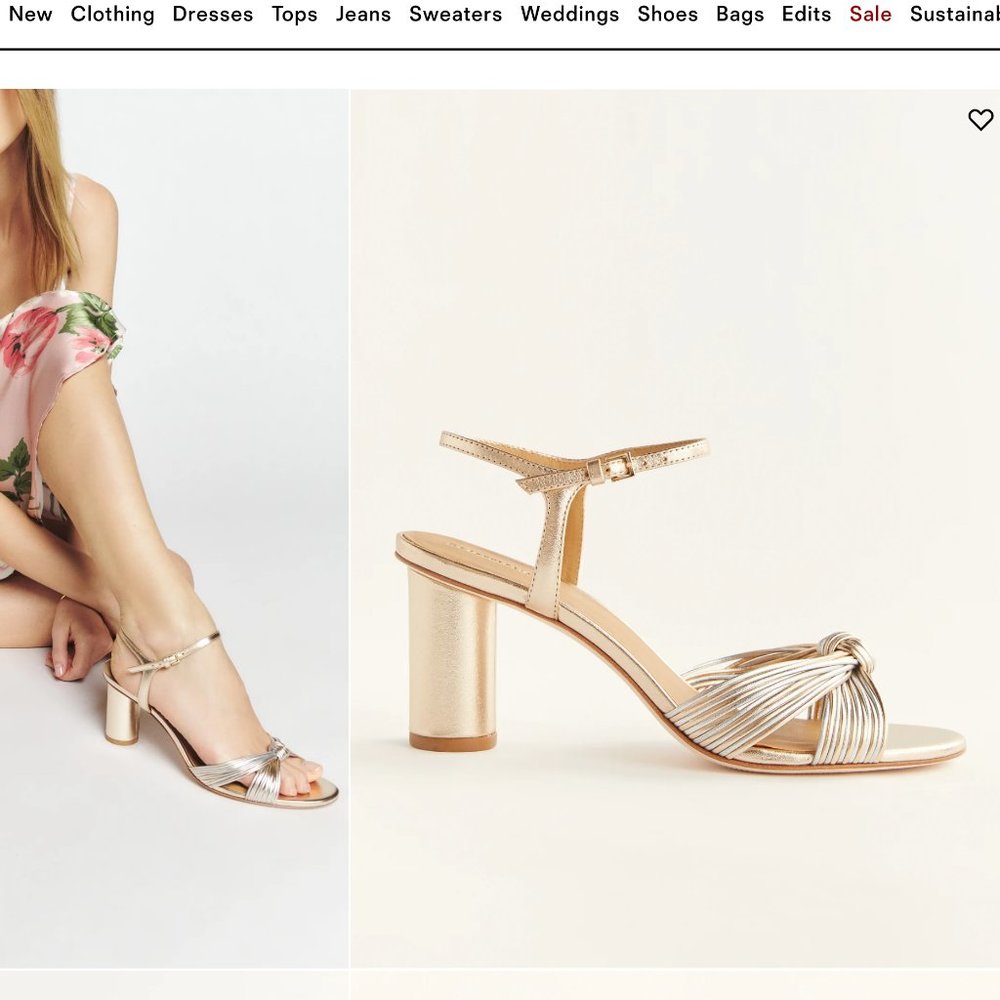 reformation women's size 7.5 petra cylinder heels gold/ silver strap